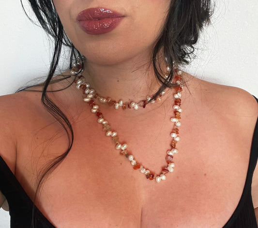 Genuine Pearl  and Carnelian Necklace